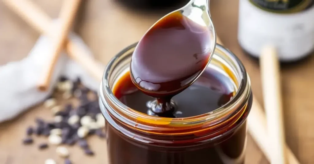 A close-up of a jar filled with thick, glossy gluten-free teriyaki sauce, with a spoon lifting the sauce to reveal its smooth consistency.