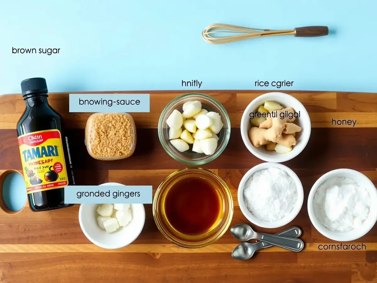 A flat-lay of key ingredients for gluten-free teriyaki sauce, including tamari, brown sugar, rice vinegar, garlic, ginger, honey, and sesame oil.