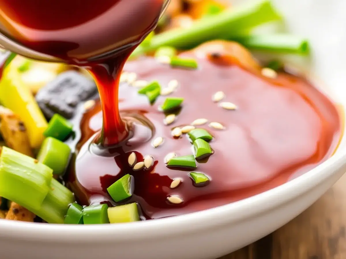 A small dish of gluten-free teriyaki sauce, garnished with sesame seeds and green onions, ready to be drizzled over stir-fry.