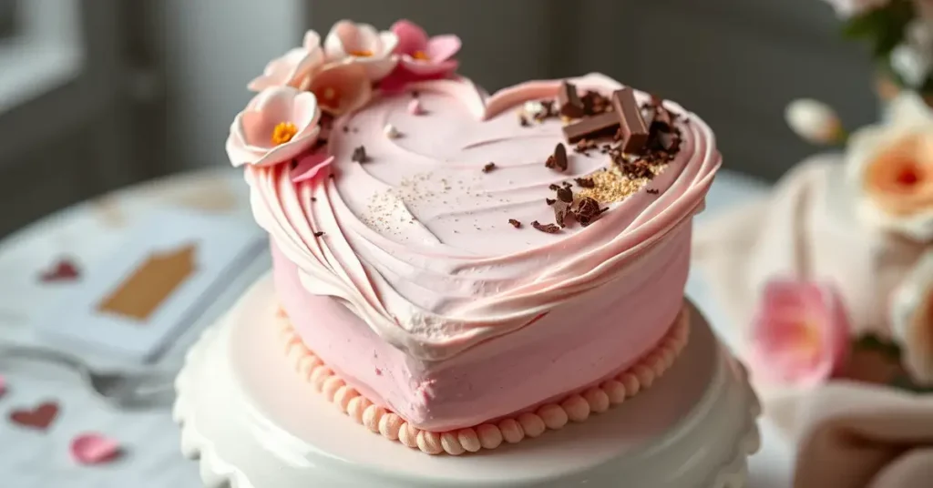 Homemade heart shaped cake with pastel buttercream frosting, edible flowers, and chocolate shavings.