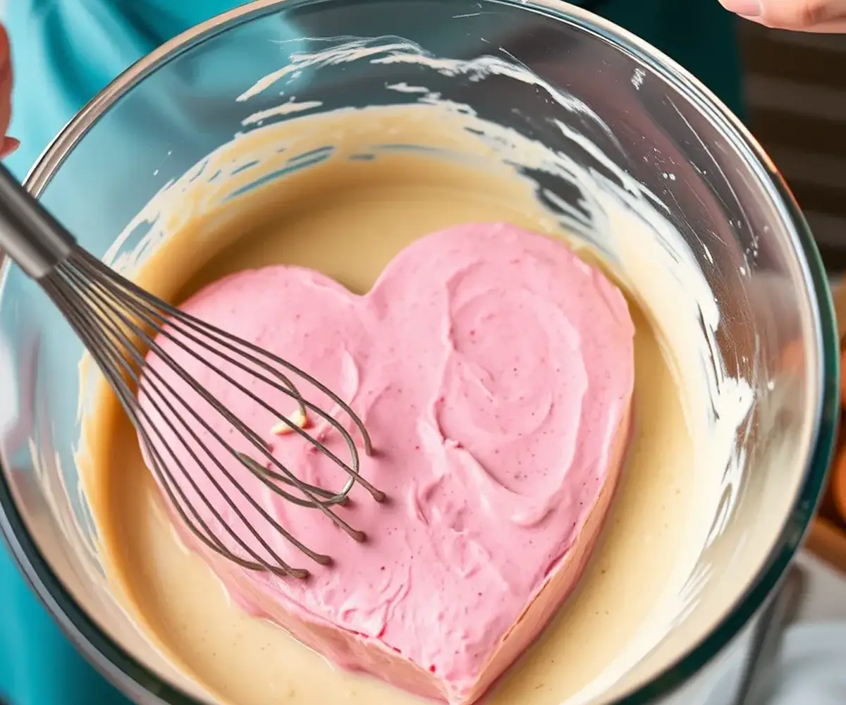 Preparing the batter for a heart-shaped cake with eggs, butter, and sugar.