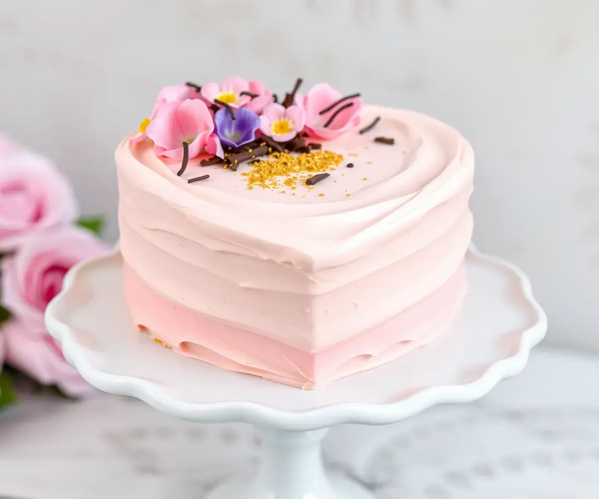 Heart-shaped cake presented with intricate frosting, edible flowers, and a romantic setting.