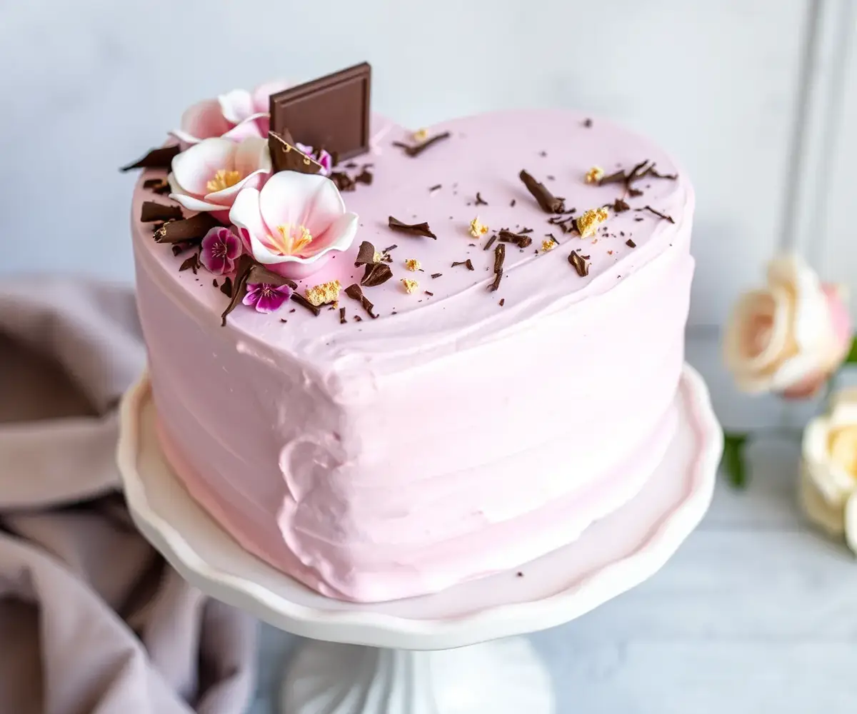 Homemade heart shaped cake with pastel buttercream frosting, edible flowers, and chocolate shavings.