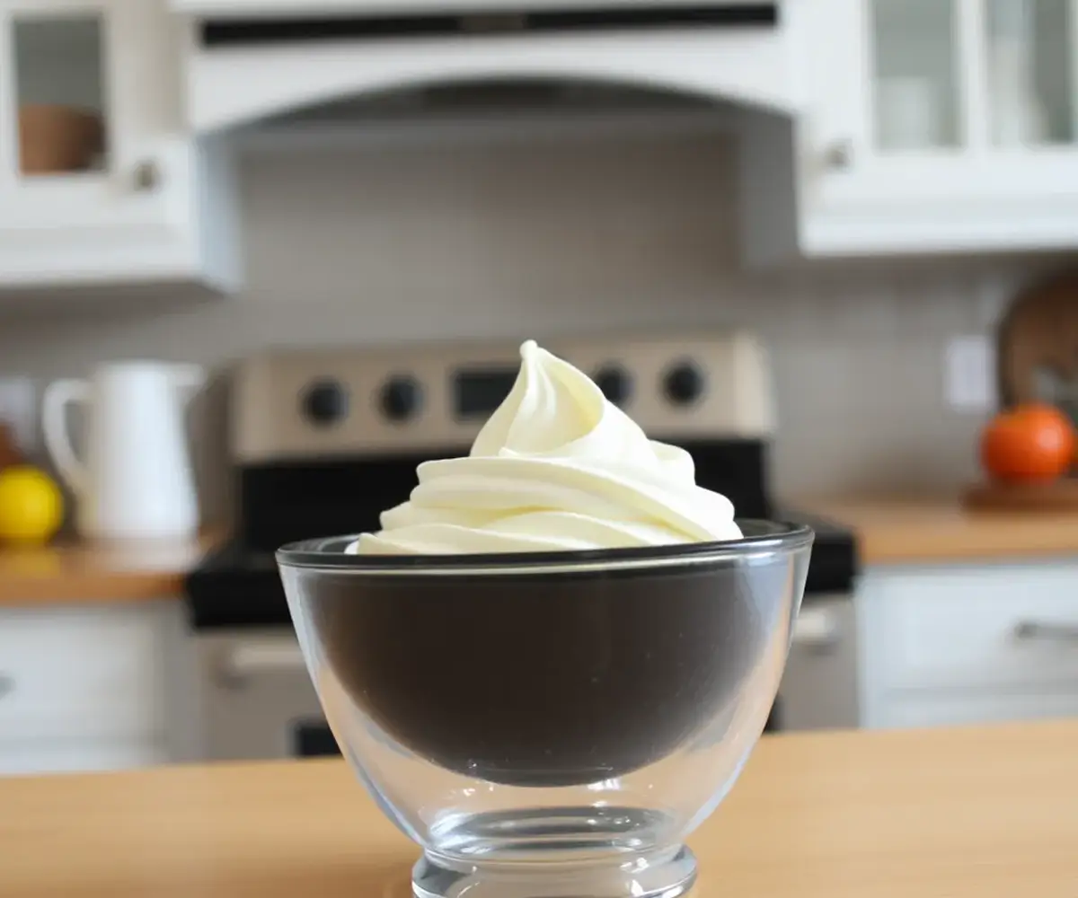 A bowl of rich cream used for making Madeline cookies, with a smooth, velvety texture, placed on a kitchen countertop.