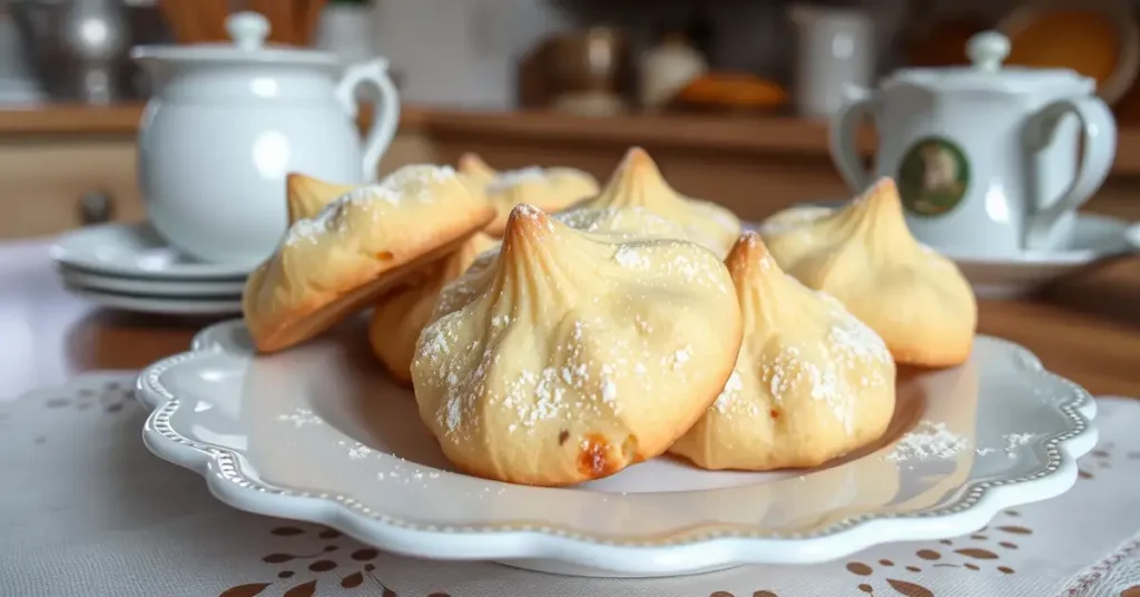 Freshly baked Madeline cookies made with cream, golden-brown with a signature hump, dusted with powdered sugar, served on a white porcelain plate.