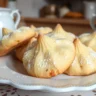 Freshly baked Madeline cookies made with cream, golden-brown with a signature hump, dusted with powdered sugar, served on a white porcelain plate.