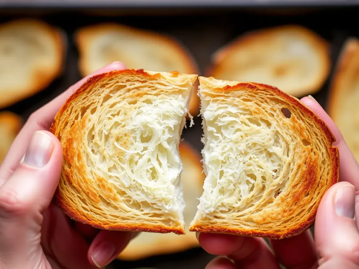 Hands breaking a crispy piece of Melba toast to show its light, airy texture.