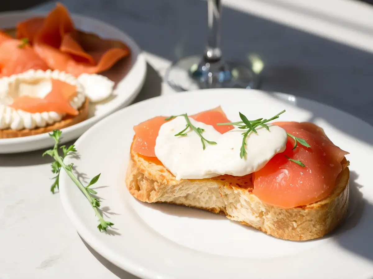 A plate of Melba toast served with hummus, cheese, and smoked salmon on a white ceramic dish.