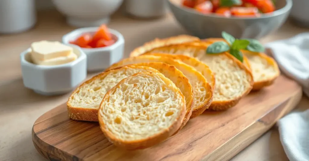 Golden brown Melba toast slices served on a wooden board with butter and tomato bruschetta.