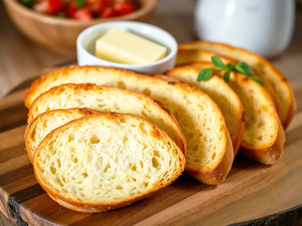 Golden brown Melba toast slices served on a wooden board with butter and tomato bruschetta.