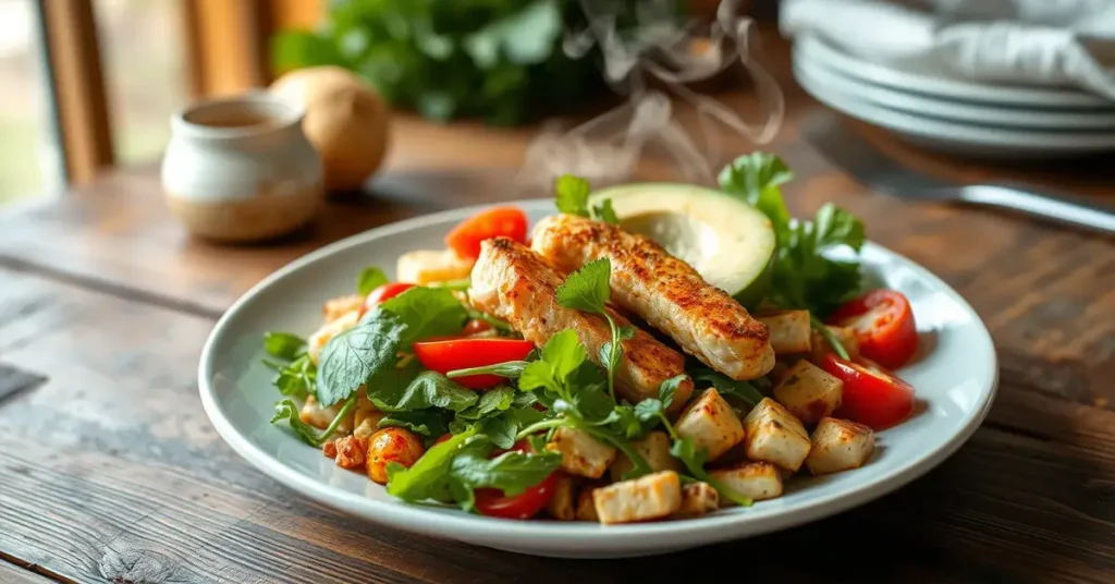 A beautifully plated Natural Mounjaro Recipe with fresh vegetables, lean protein, and healthy fats, served on a rustic wooden table.