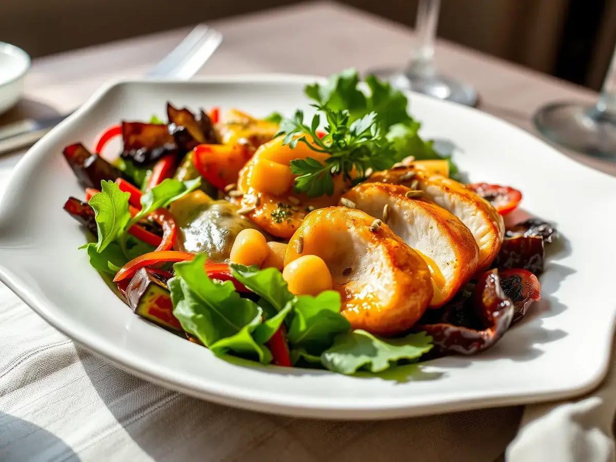 A beautifully plated Natural Mounjaro Recipe with vibrant vegetables, lean protein, and fresh garnishes, served on a white dish.