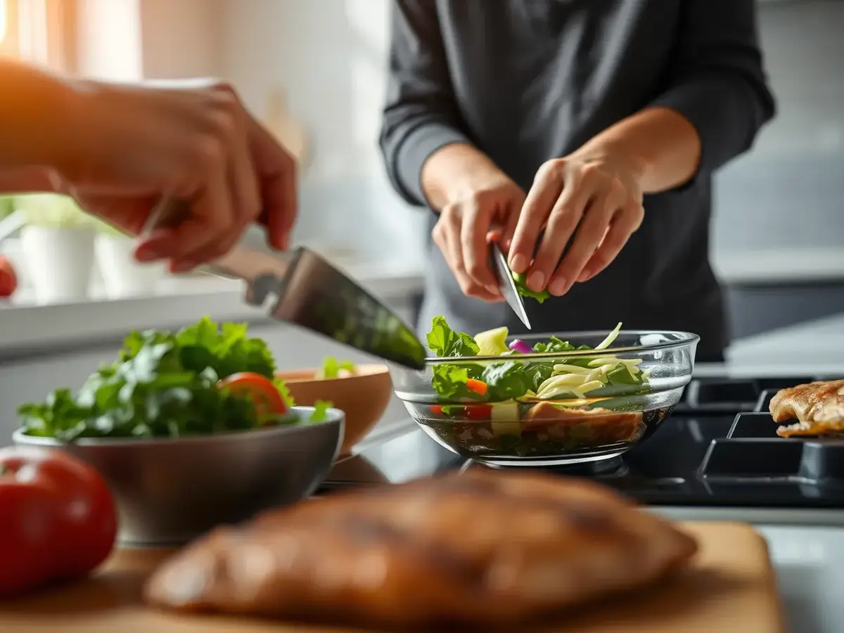 A home cook preparing a Natural Mounjaro Recipe, chopping fresh vegetables and mixing ingredients in a bright, modern kitchen.