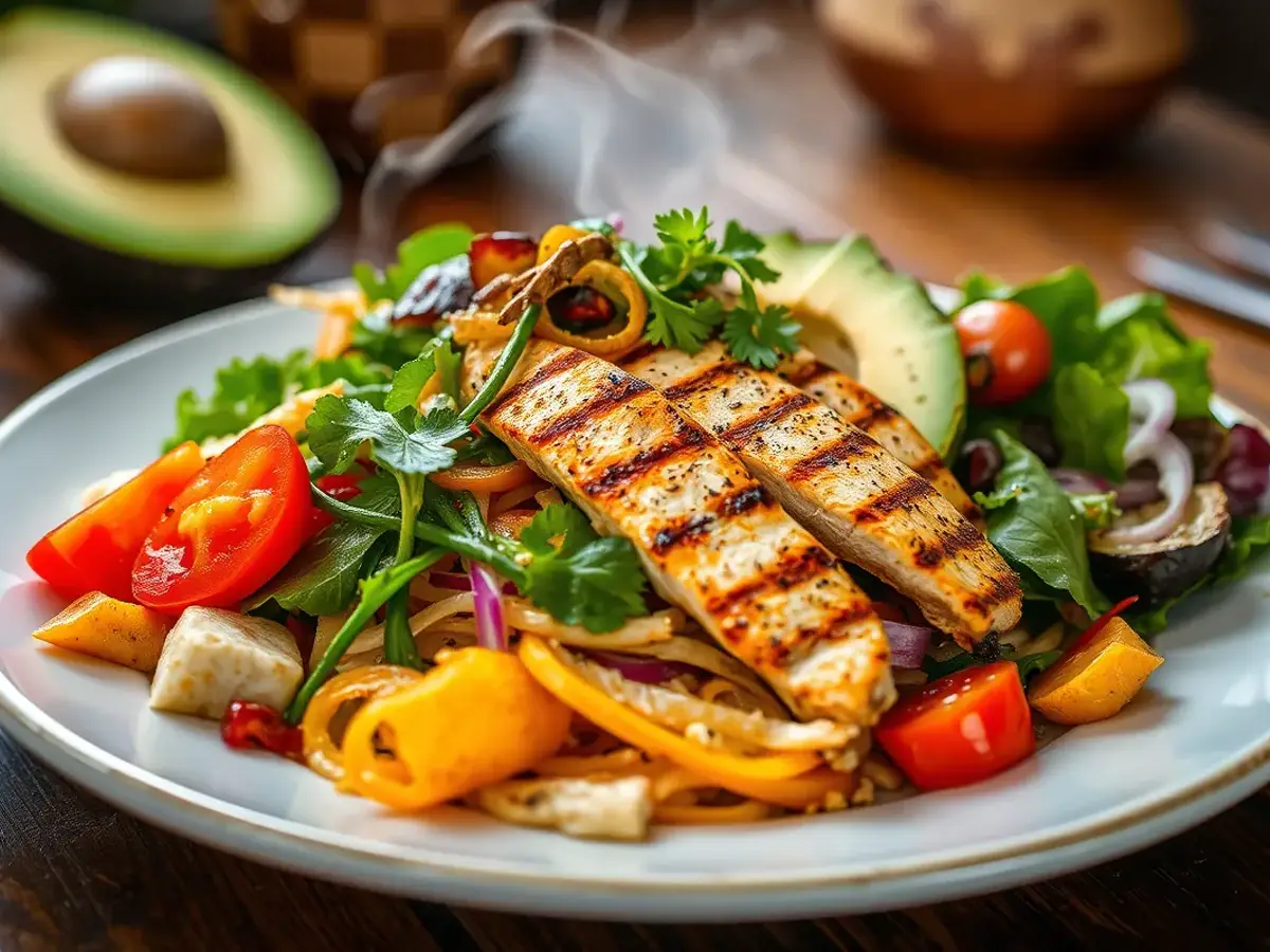 A beautifully plated Natural Mounjaro Recipe with fresh vegetables, lean protein, and healthy fats, served on a rustic wooden table.