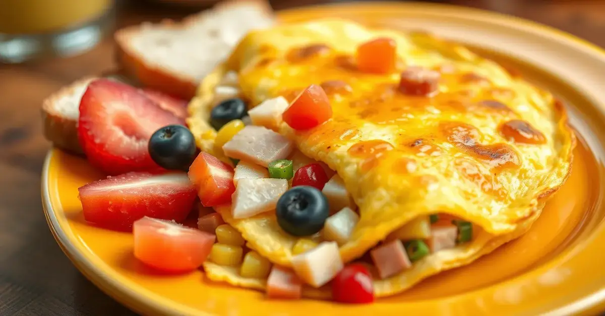 Omelet Recipe for Kids served with colorful vegetables, cheese, and toast.