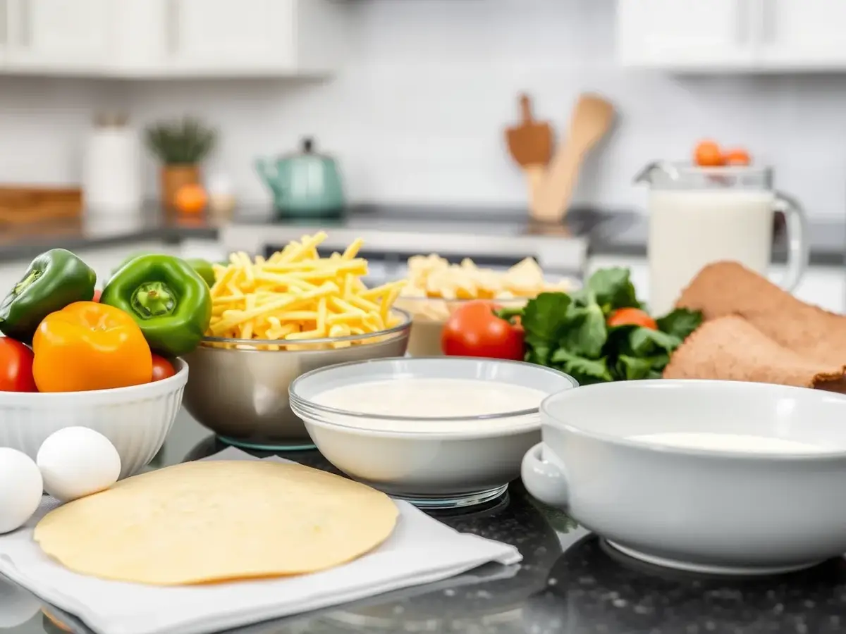 Ingredients for a kid-friendly omelet recipe for kids: eggs, cheese, vegetables, and protein.