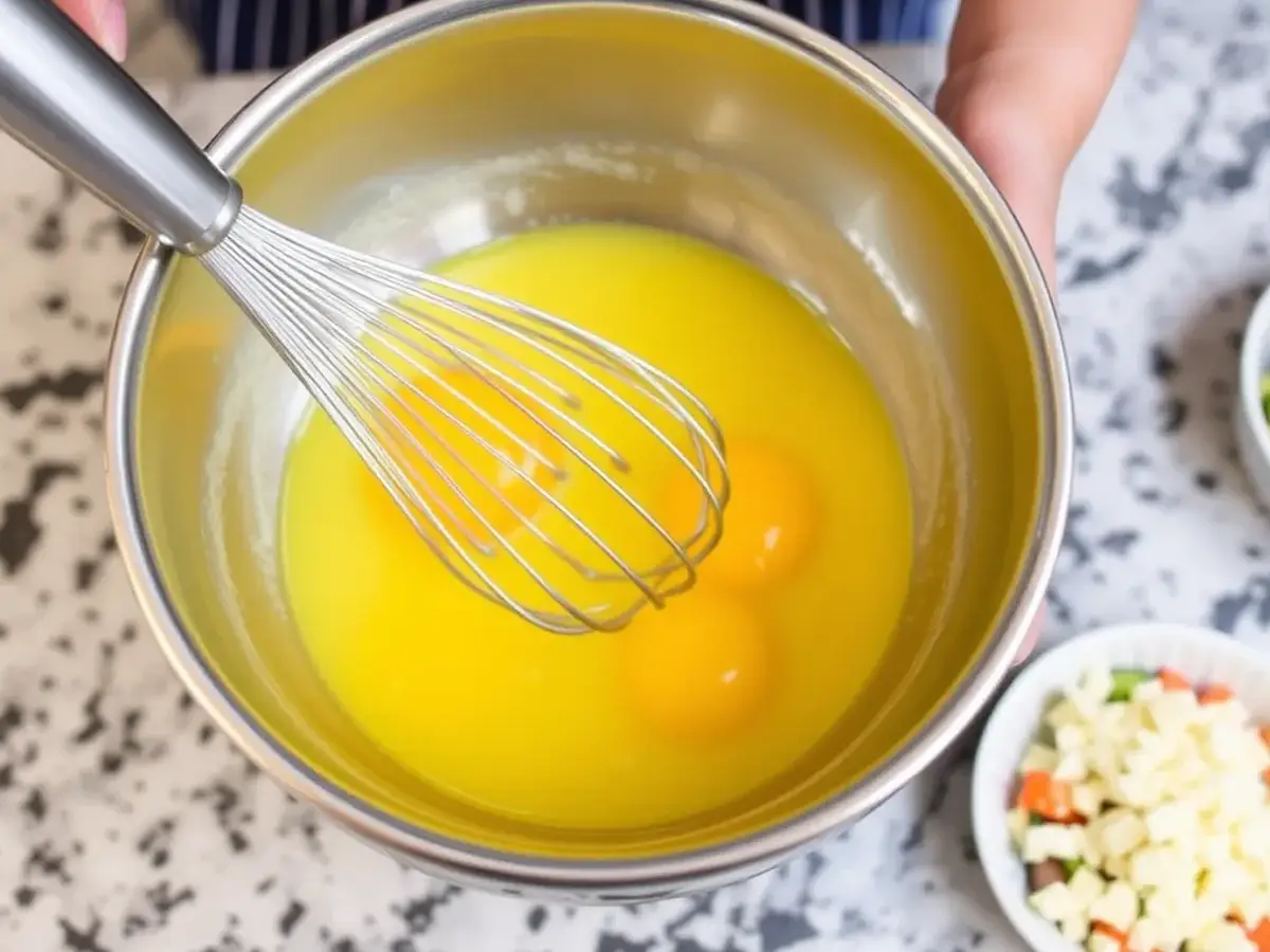 Whisking eggs for a kid-friendly omelet recipe for kids, preparing ingredients like veggies and cheese.