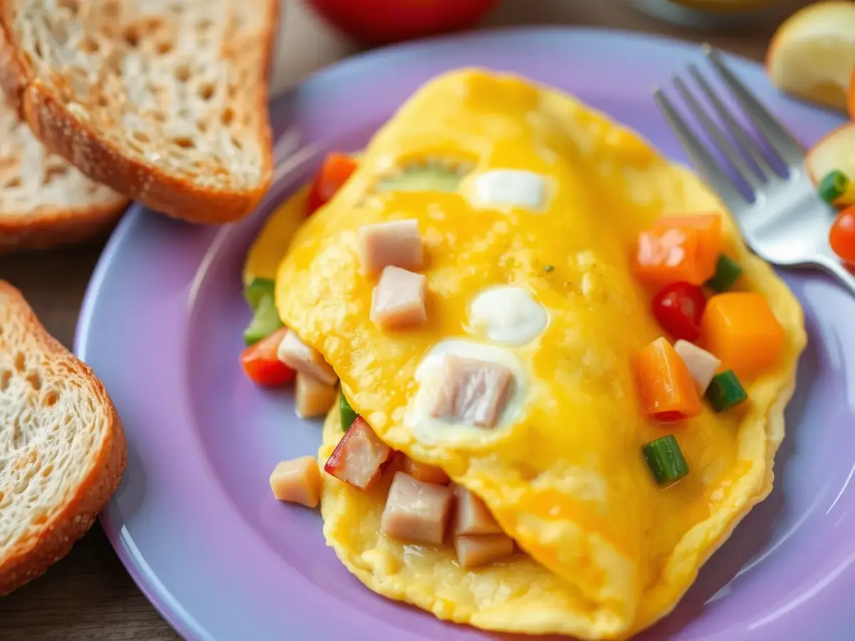 Omelet Recipe for Kids served with colorful vegetables, cheese, and toast.