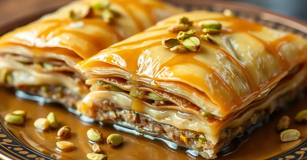 Close-up of golden pistachio baklava with flaky layers and crushed pistachio filling, drizzled with syrup on a Middle Eastern-style plate.