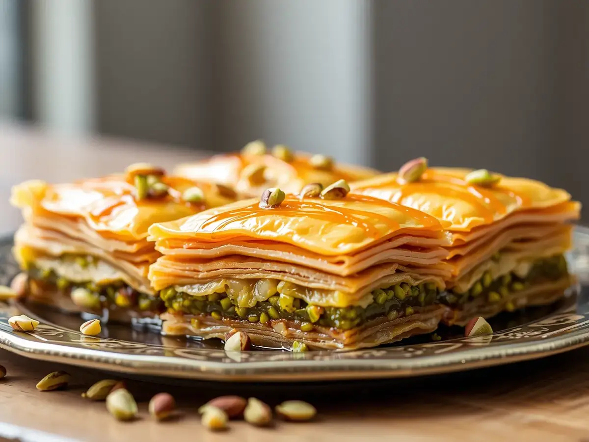 Elegant presentation of Pistachio Baklava on a decorative plate, garnished with crushed pistachios and fresh mint.