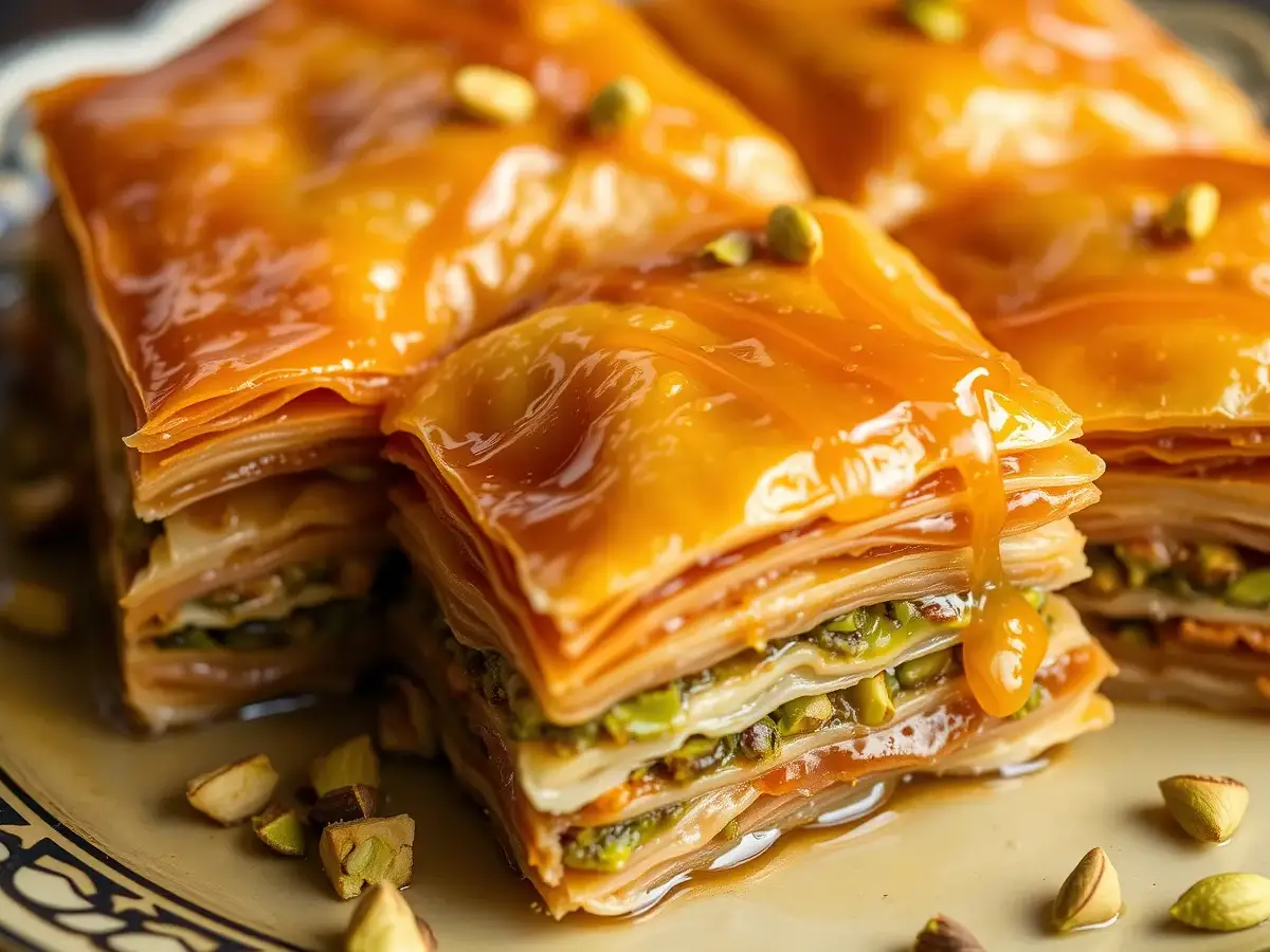 Close-up of golden pistachio baklava with flaky layers and crushed pistachio filling, drizzled with syrup on a Middle Eastern-style plate.