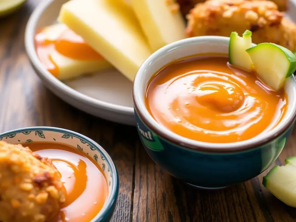 Bowl of homemade Polynesian sauce with chicken nuggets on a wooden table.