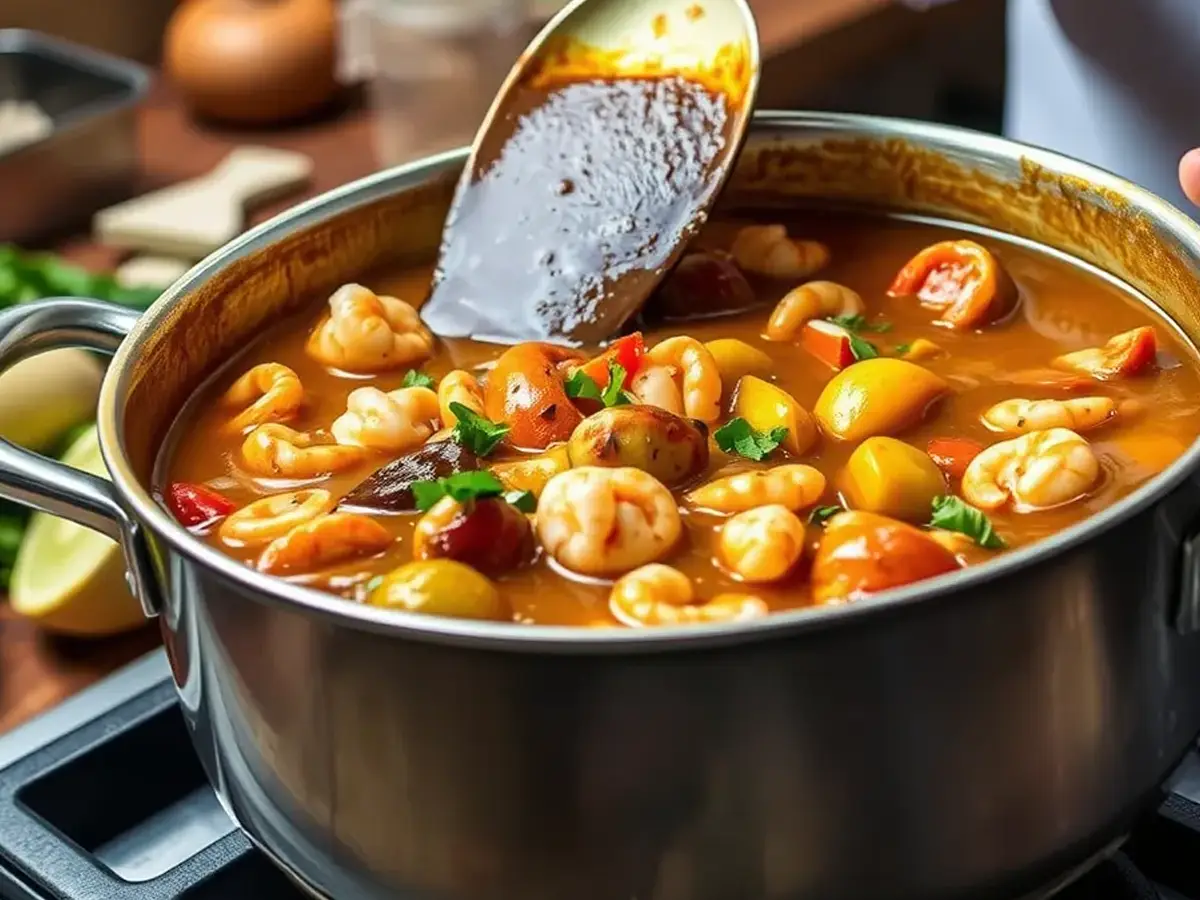 Chef preparing seafood gumbo with vegetables and seafood simmering in a rich dark roux broth.