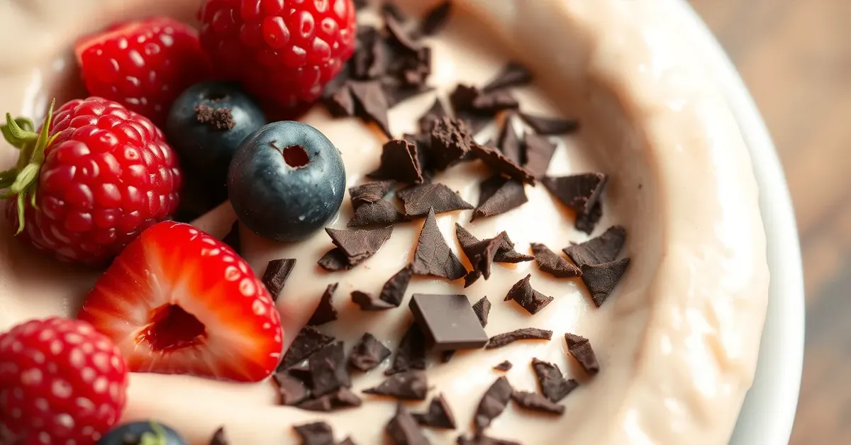 Delicious Protein Pudding Recipe, topped with fresh berries and chocolate.