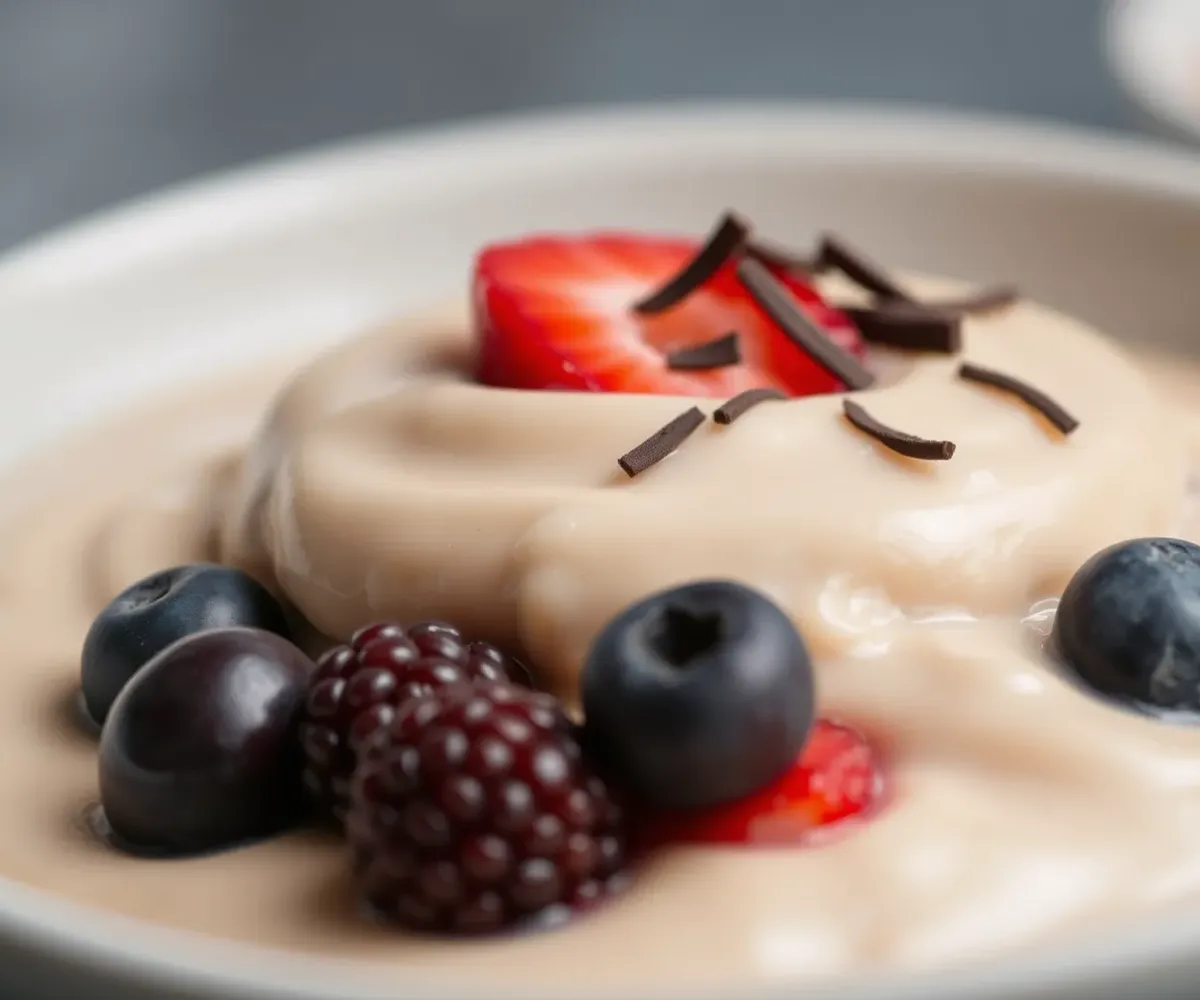 Delicious Protein Pudding Recipe, topped with fresh berries and chocolate.