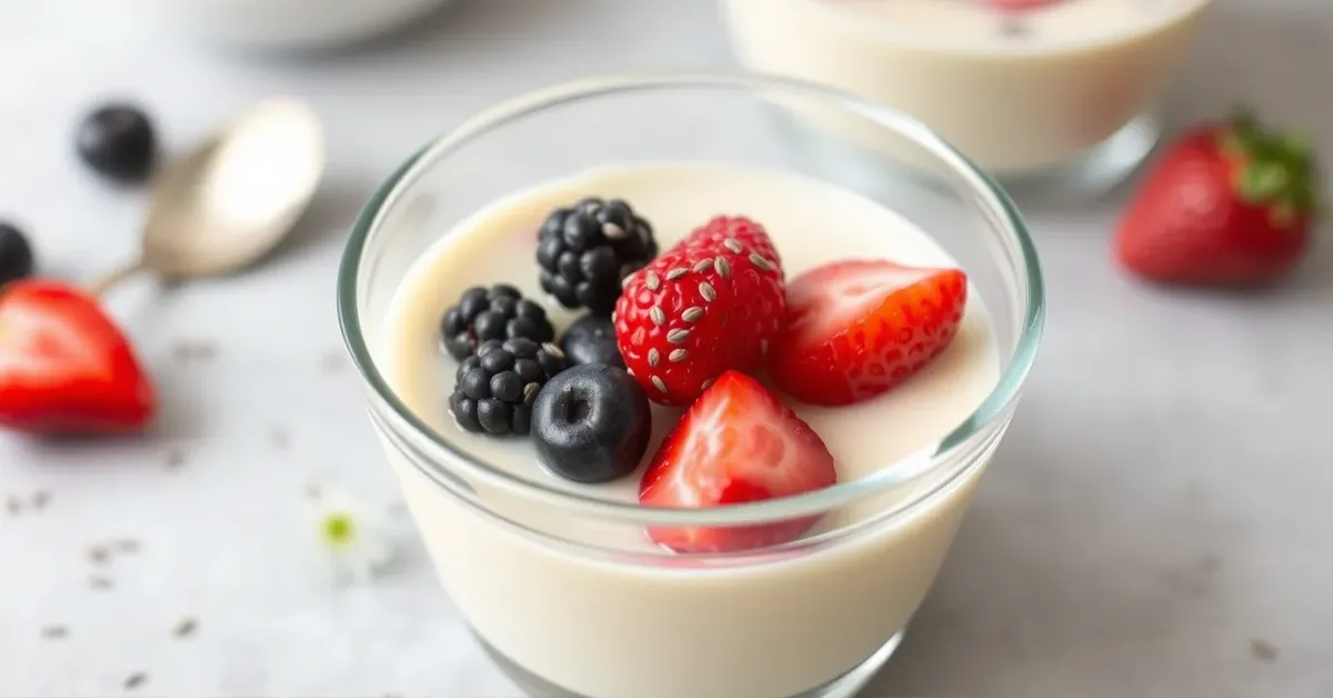 Delicious Protein Pudding Recipe Jello topped with fresh berries and chia seeds.