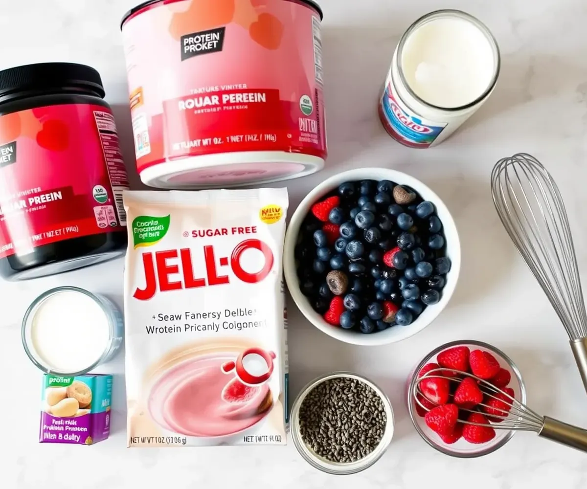 Ingredients for making Protein Pudding Recipe Jello: protein powder, Jell-O mix, milk, berries, and chia seeds.