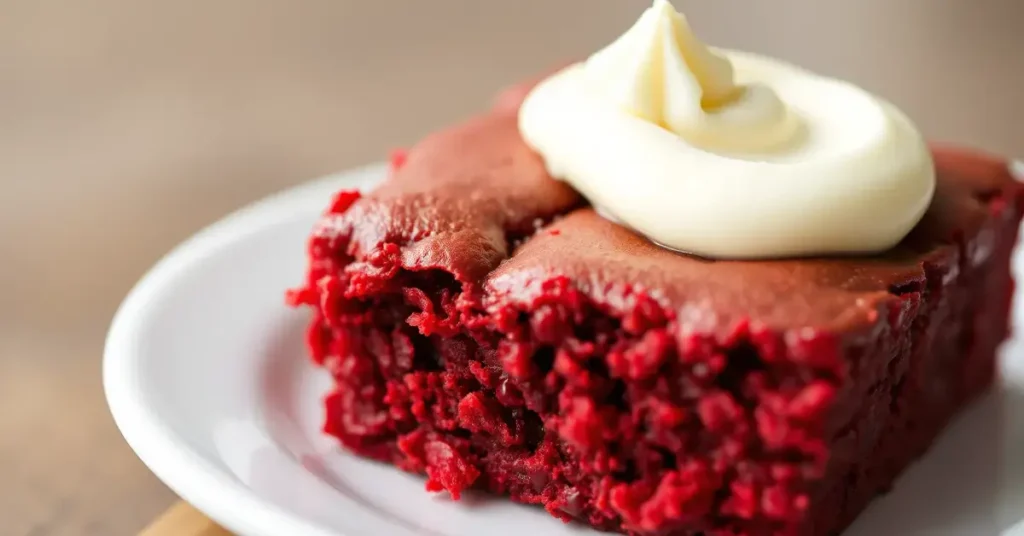 A red velvet brownie with cream cheese frosting on a white plate.