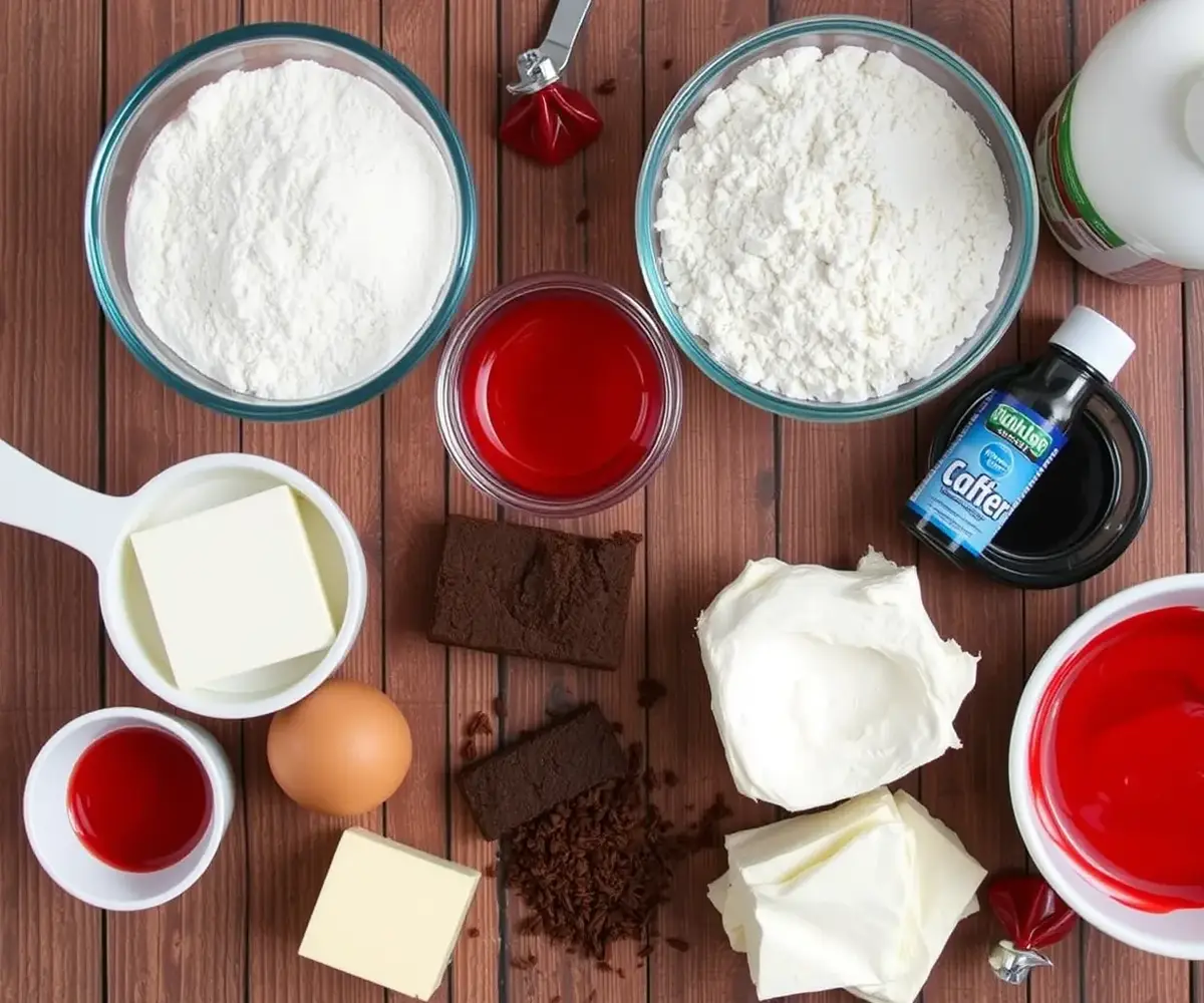 Red velvet brownie ingredients: flour, sugar, cocoa powder, butter, eggs, buttermilk, red food coloring, and cream cheese, laid out on a wooden surface.