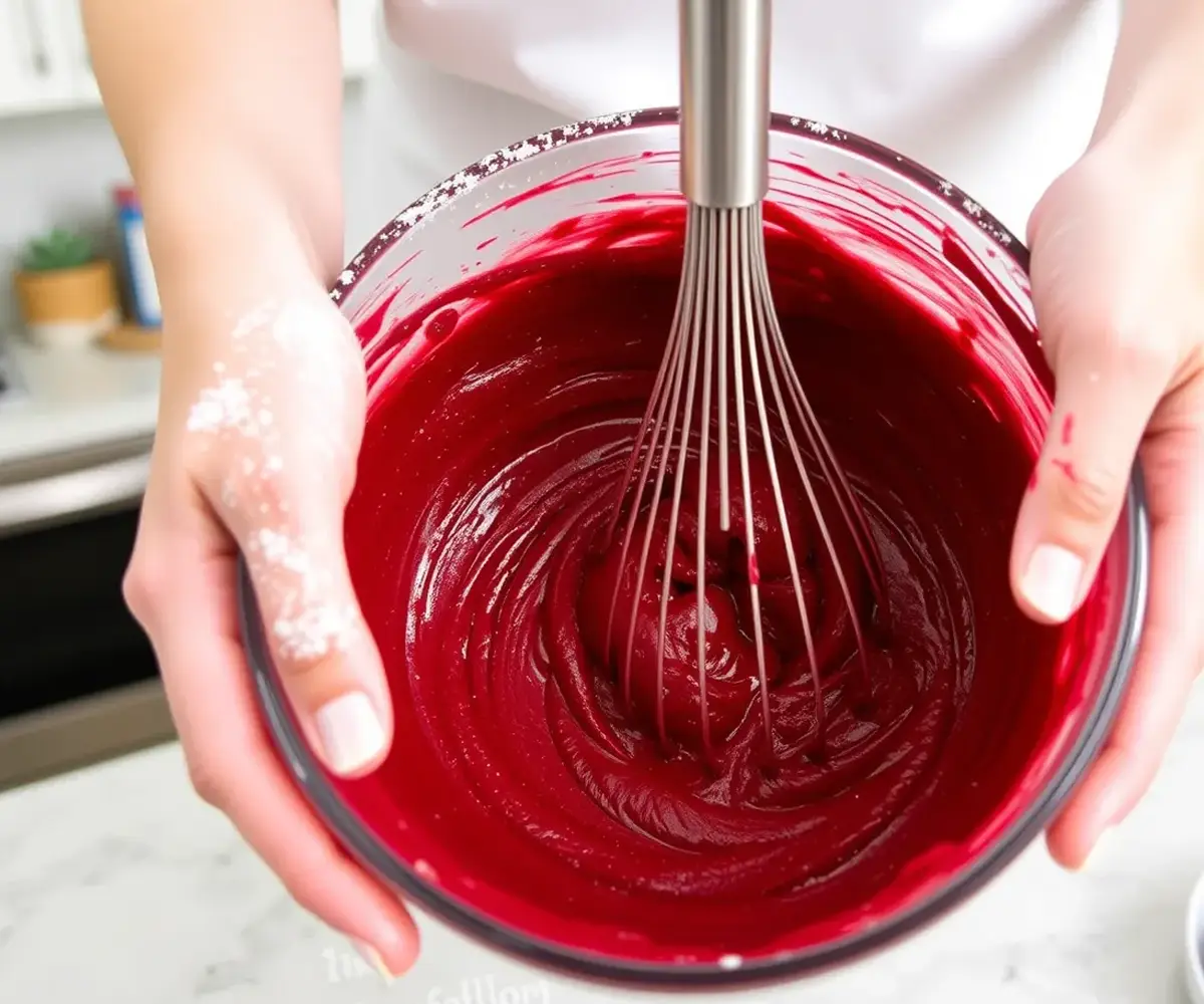 Hands mixing red velvet brownie batter in a bowl, with flour on the counter.