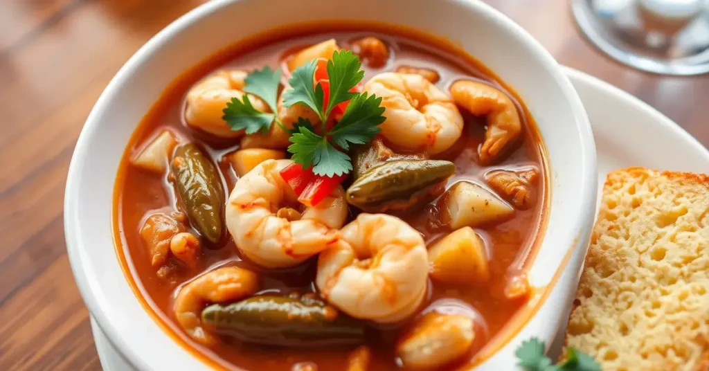 Bowl of traditional seafood gumbo with shrimp, crab, oysters, and vegetables served with rice.