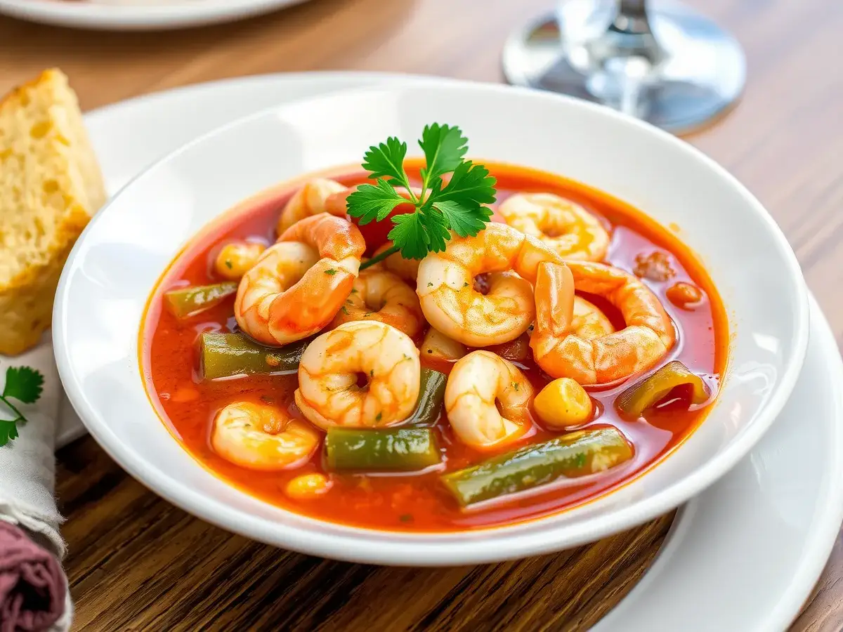 Served bowl of seafood gumbo with shrimp, crab, and okra, garnished with parsley and cornbread.