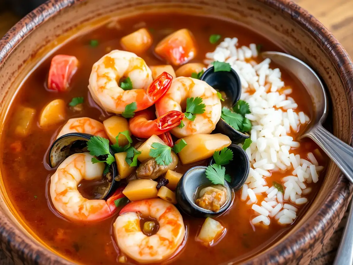 Bowl of traditional seafood gumbo with shrimp, crab, oysters, and vegetables served with rice.