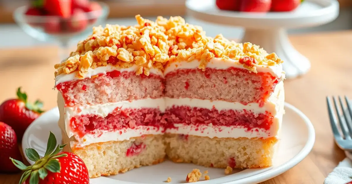 A beautifully sliced Strawberry Crunch Cake showcasing layers of vanilla cake, creamy frosting, and crispy strawberry crunch topping on a cake stand.