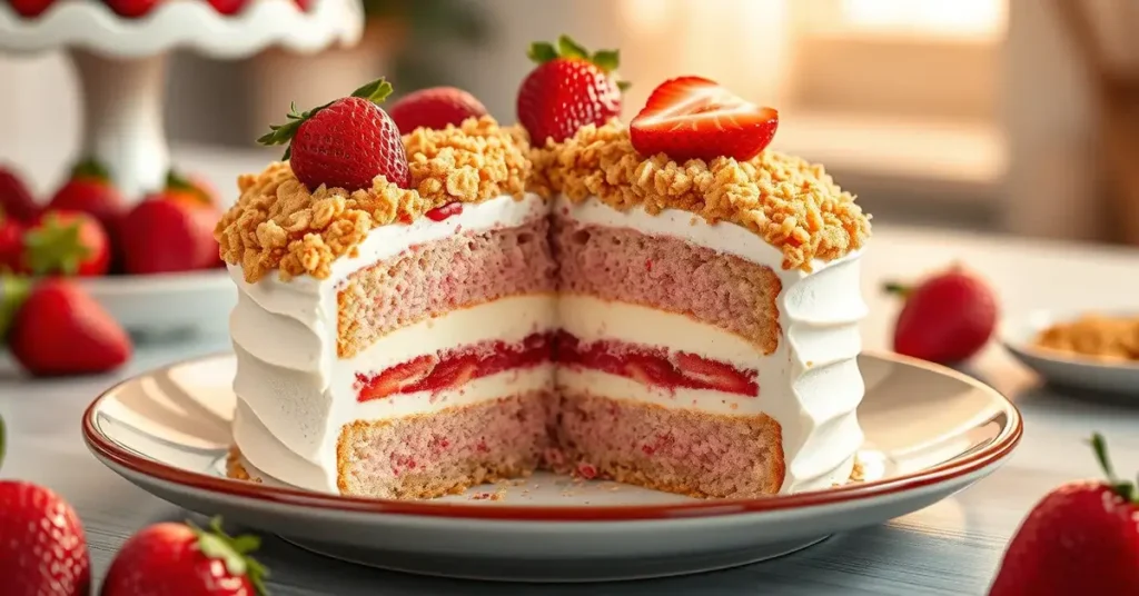 A beautifully sliced Strawberry Crunch Cake showcasing layers of vanilla cake, creamy frosting, and crispy strawberry crunch topping on a cake stand.