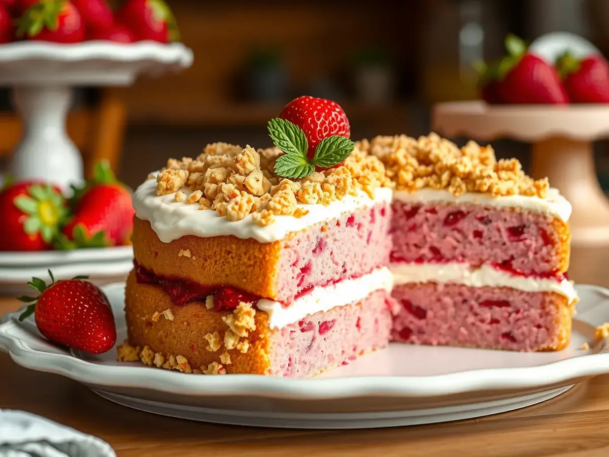 A perfectly sliced Strawberry Crunch Cake displaying its soft vanilla layers, smooth frosting, and crispy strawberry crunch topping on a decorative cake stand.