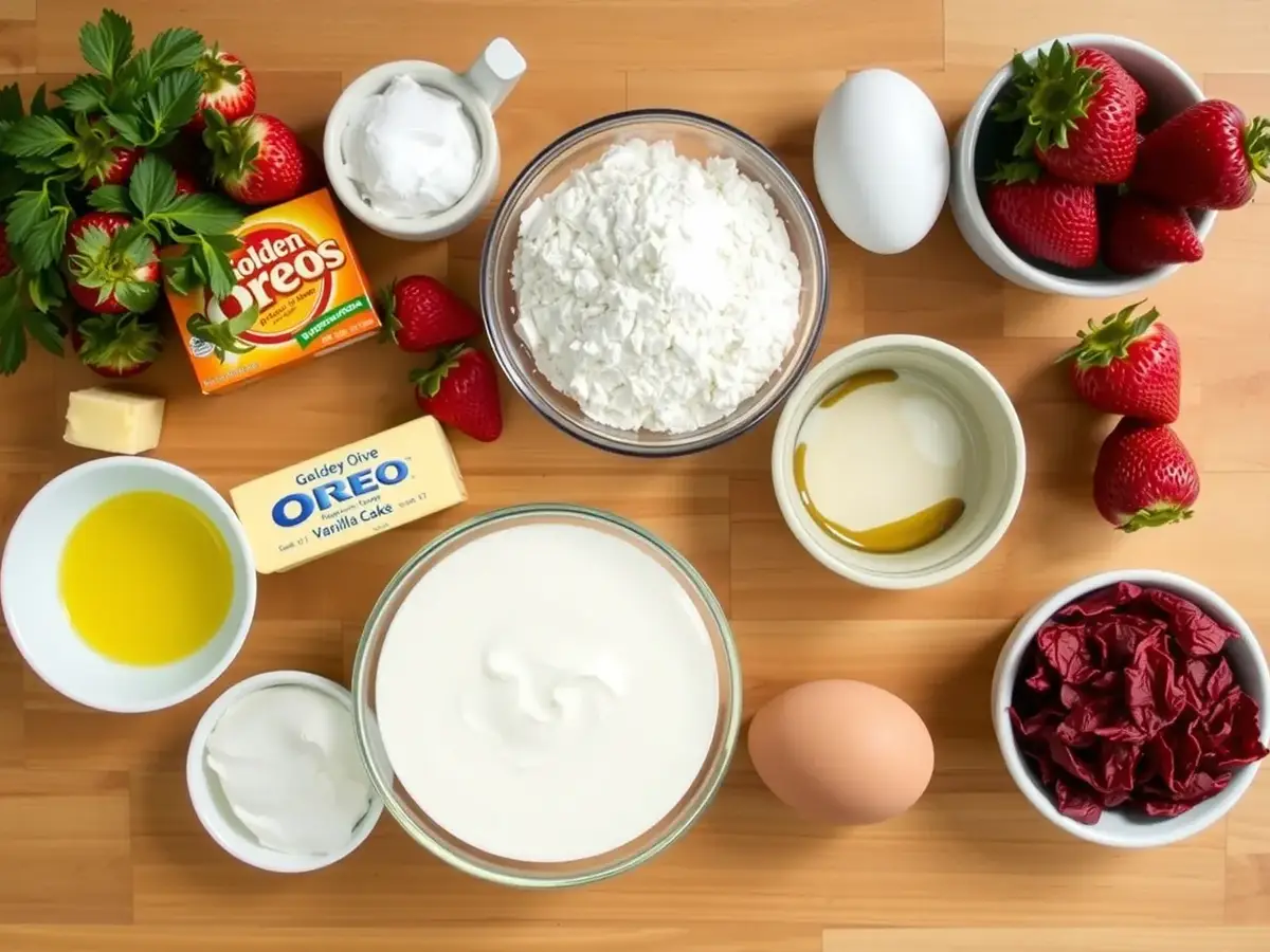 A top-down view of fresh strawberries, vanilla cake mix, butter, sugar, eggs, heavy cream, and freeze-dried strawberries for making Strawberry Crunch Cake.