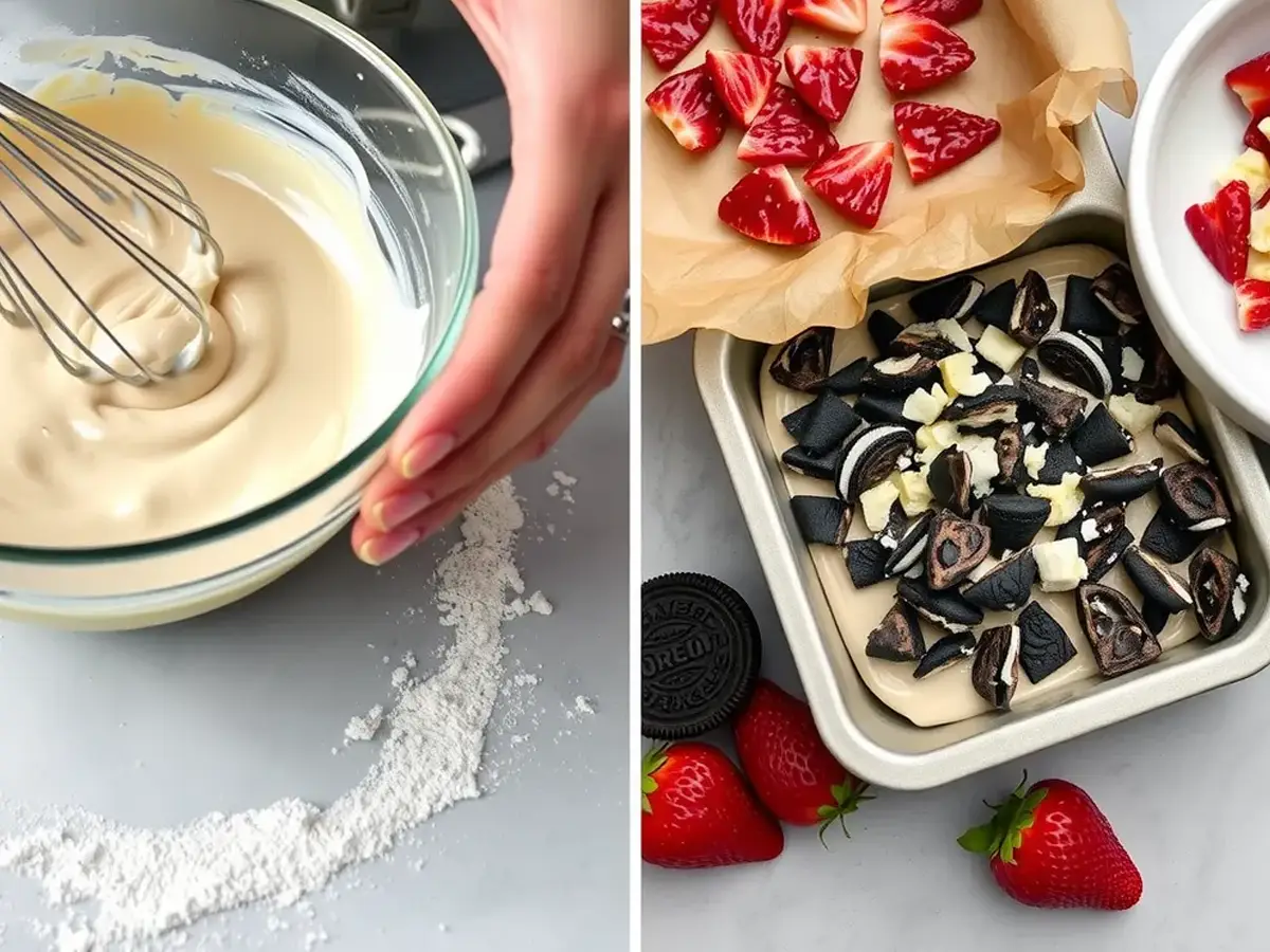 Hands mixing cake batter in a bowl with whisk, while strawberry crunch topping is prepared using crushed Oreos and freeze-dried strawberries.