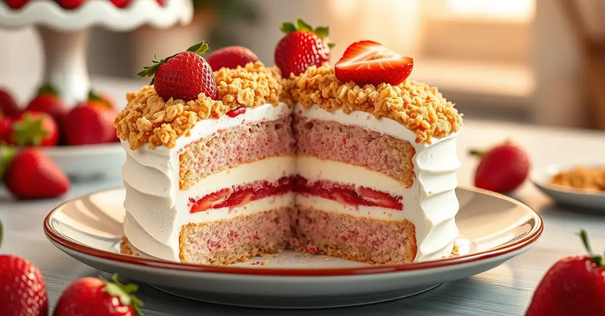 A beautifully sliced Strawberry Crunch Cake showcasing layers of vanilla cake, creamy frosting, and crispy strawberry crunch topping on a cake stand.