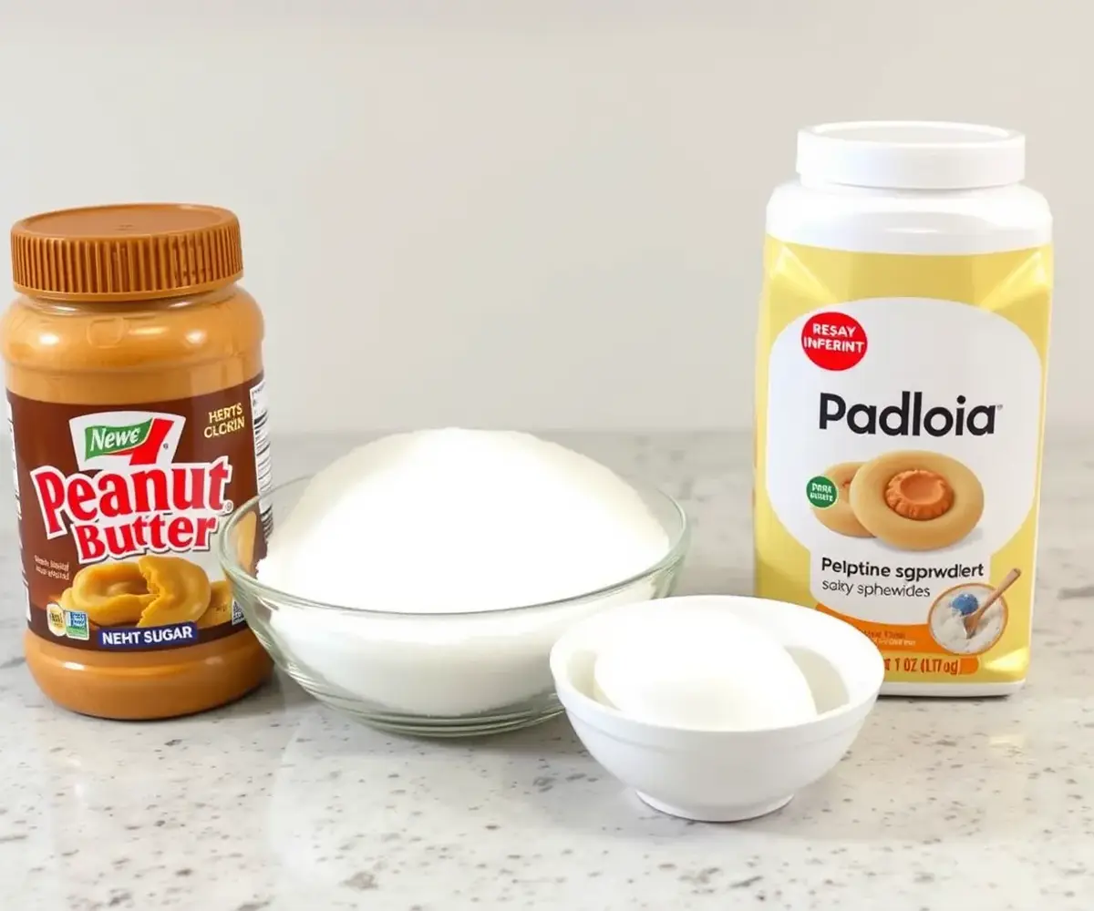 Ingredients for 4 ingredient peanut butter cookies: peanut butter, sugar, egg, and baking powder arranged on a kitchen counter.