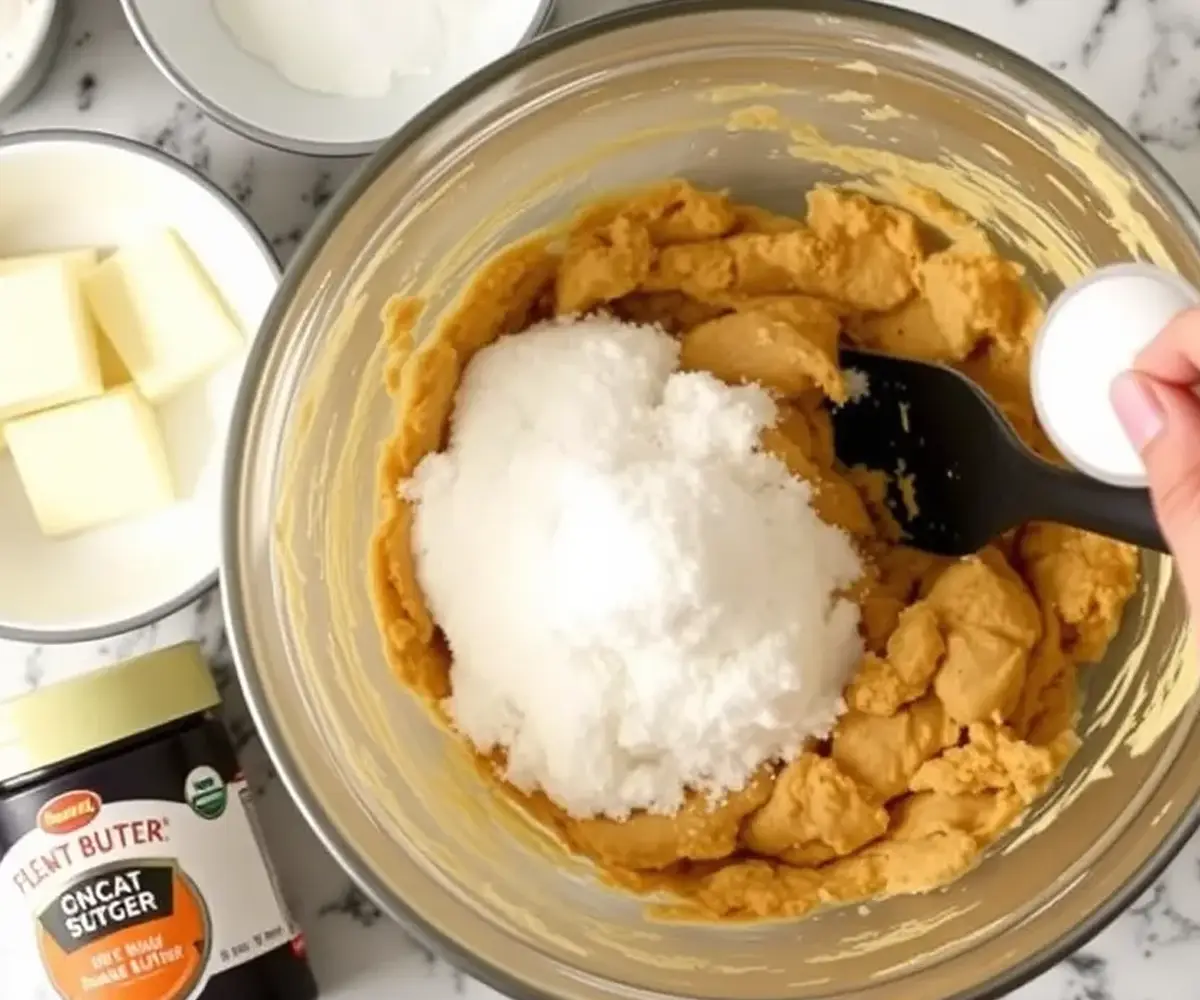 Mixing the ingredients for 4 ingredient peanut butter cookies in a large bowl, with sugar being added.