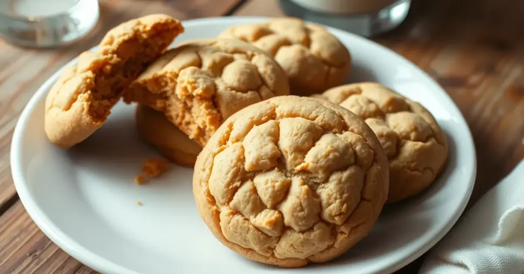 A plate of freshly baked 4 ingredient peanut butter cookies, showcasing their soft and golden texture.