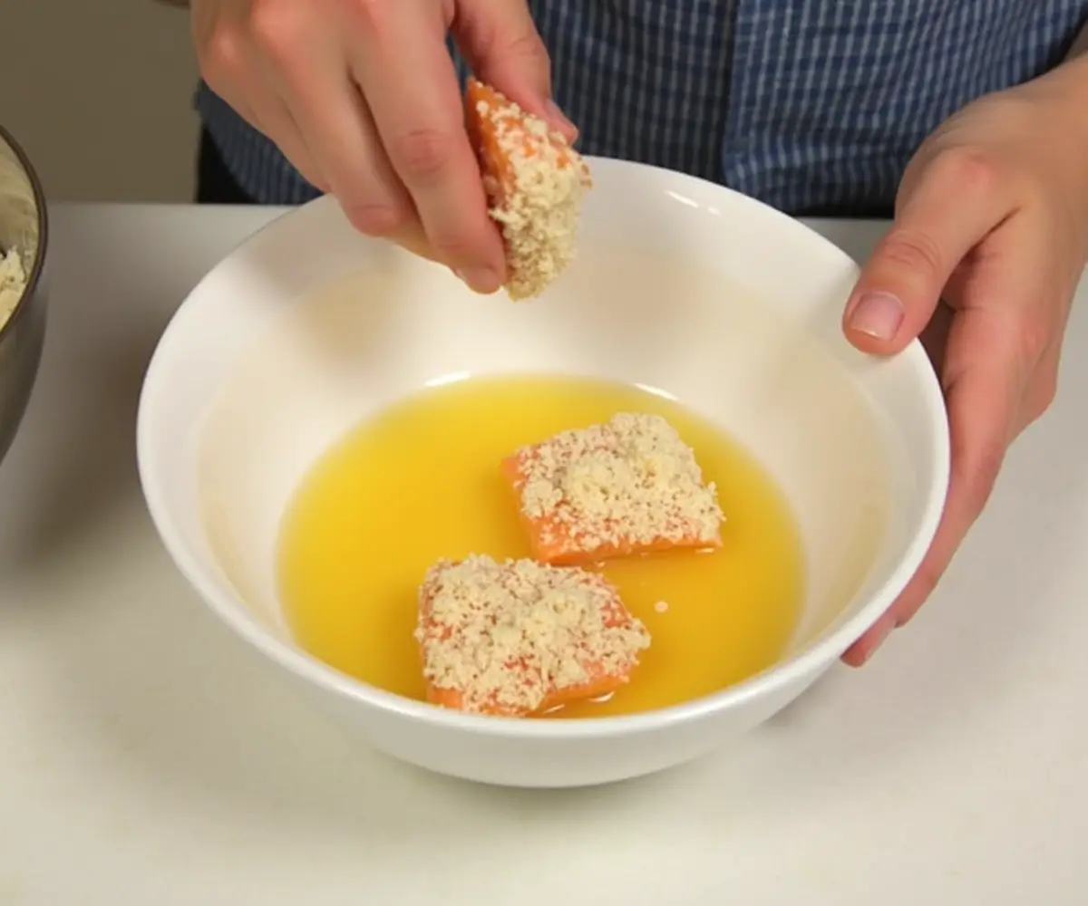 Breading salmon bites with egg and breadcrumbs.