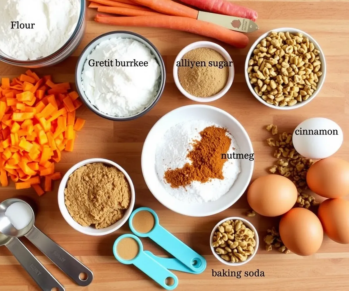 All ingredients needed for Carrot Cake Cookies, including grated carrots, spices, flour, and chopped walnuts.