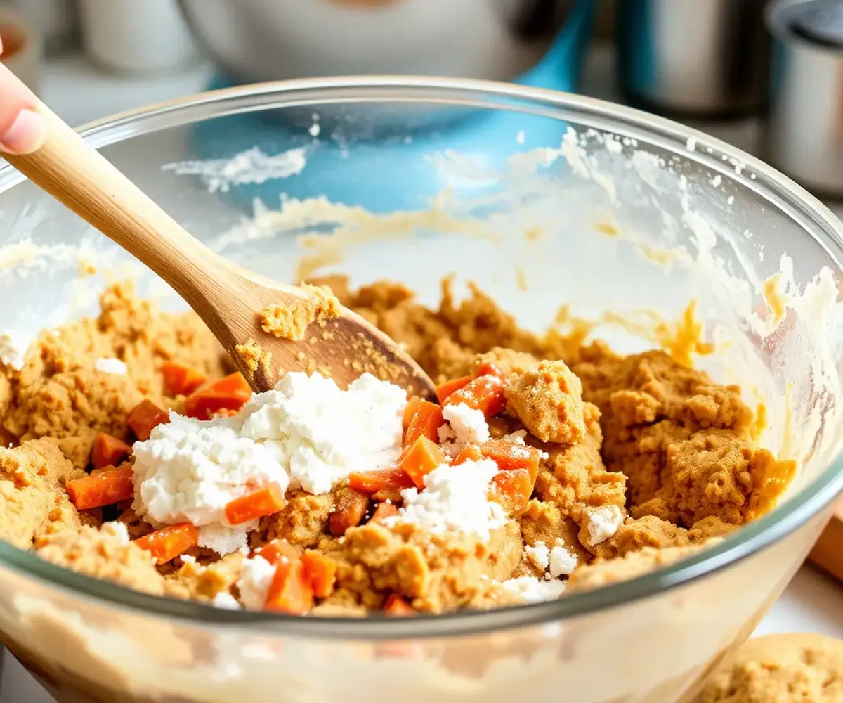 Preparing the dough for Carrot Cake Cookies with freshly grated carrots and warm spices being mixed in a large bowl.