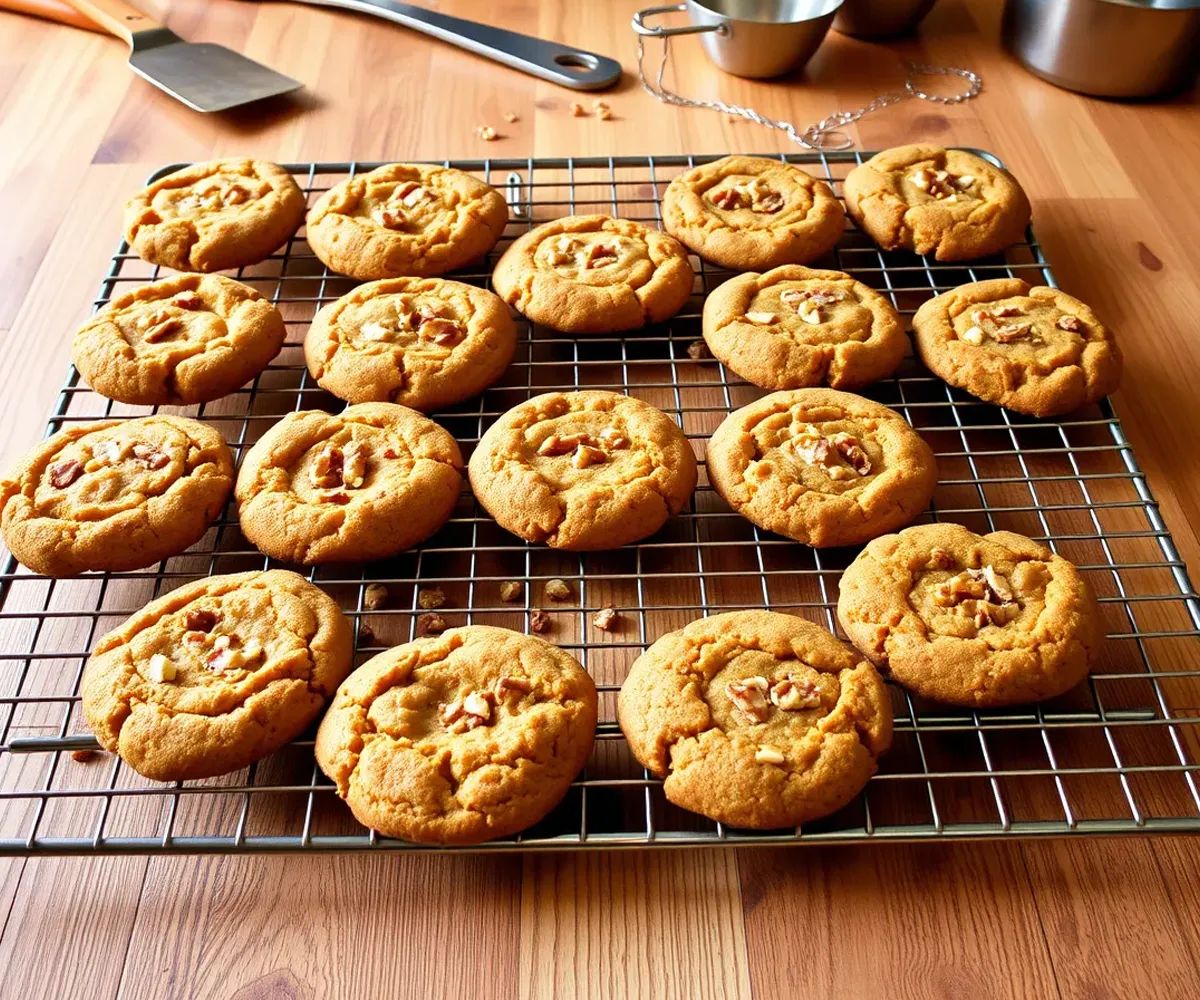 A batch of freshly baked Carrot Cake Cookies cooling on a wire rack, showcasing their golden edges and soft texture.